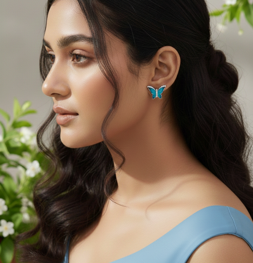 Enchanted Blue Butterfly Enamel & CZ Studs | 925 Sterling Silver