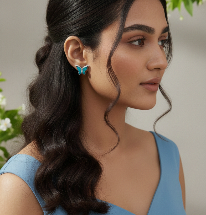 Enchanted Blue Butterfly Enamel & CZ Studs | 925 Sterling Silver