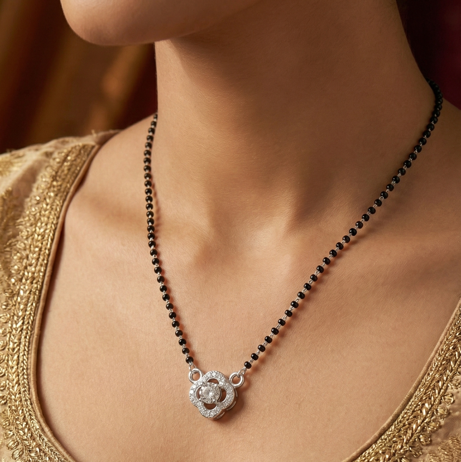 Clover Halo Solitaire CZ Mangalsutra Pendant in 925 Sterling Silver