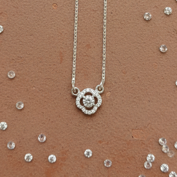 Scalloped Floret Halo Solitaire CZ Pendant | 925 Sterling Silver