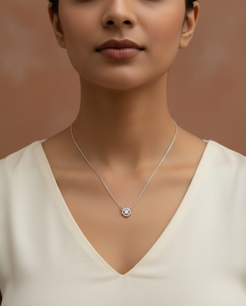 Scalloped Floret Halo Solitaire CZ Pendant | 925 Sterling Silver