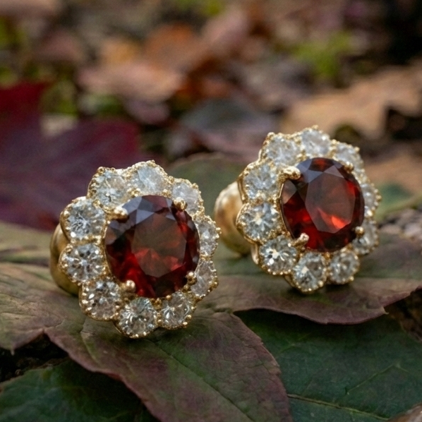Garnet Bloom Floral Halo Stud Earrings – 925 Sterling Silver