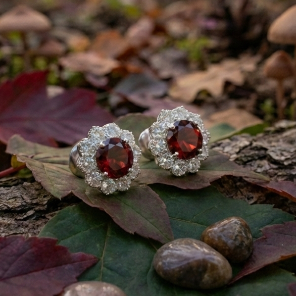 Garnet Bloom Floral Halo Stud Earrings – 925 Sterling Silver
