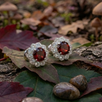 Garnet Bloom Floral Halo Stud Earrings – 925 Sterling Silver