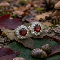 Garnet Bloom Floral Halo Stud Earrings – 925 Sterling Silver