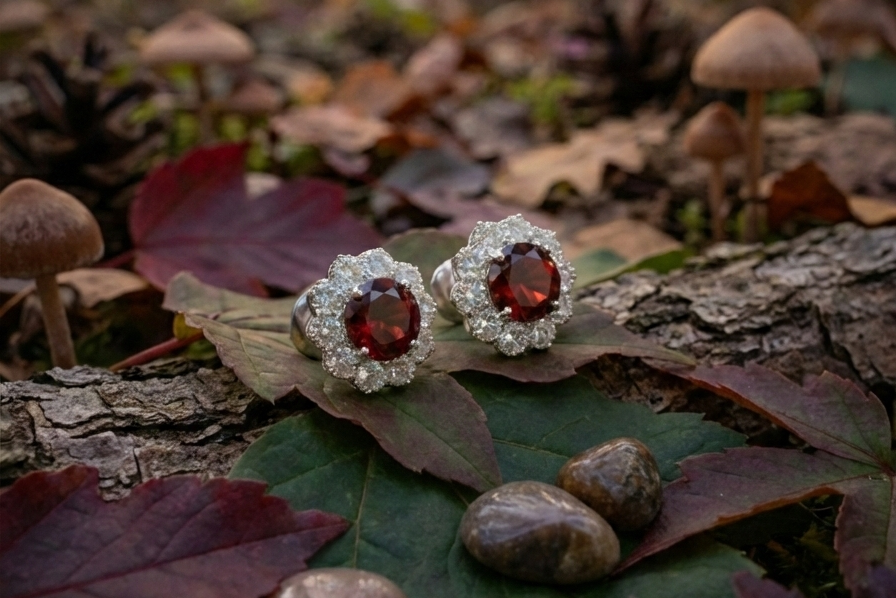 Garnet Bloom Floral Halo Stud Earrings – 925 Sterling Silver