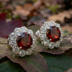 Garnet Bloom Floral Halo Stud Earrings – 925 Sterling Silver