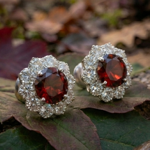 Garnet Bloom Floral Halo Stud Earrings – 925 Sterling Silver