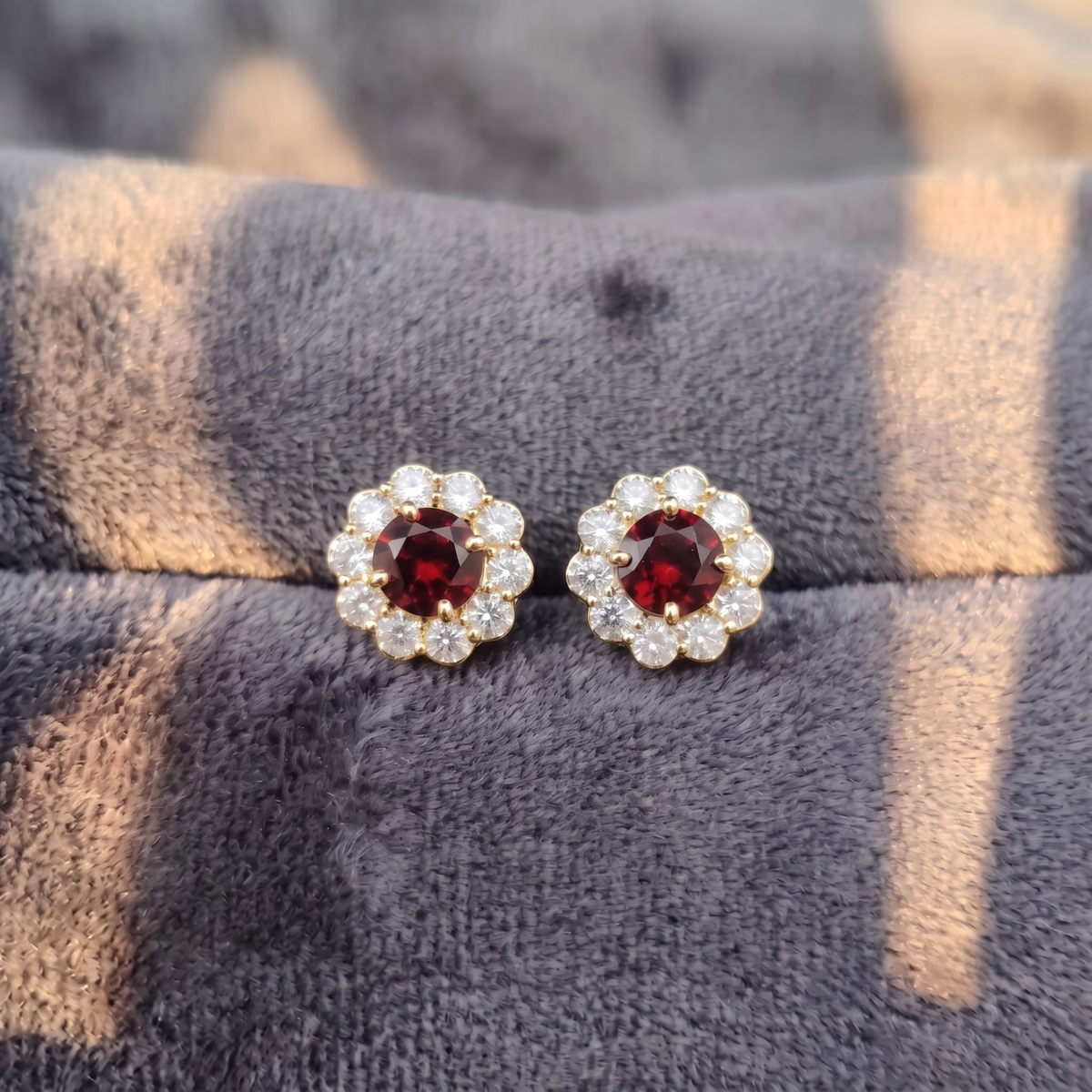 Garnet Bloom Floral Halo Stud Earrings – 925 Sterling Silver