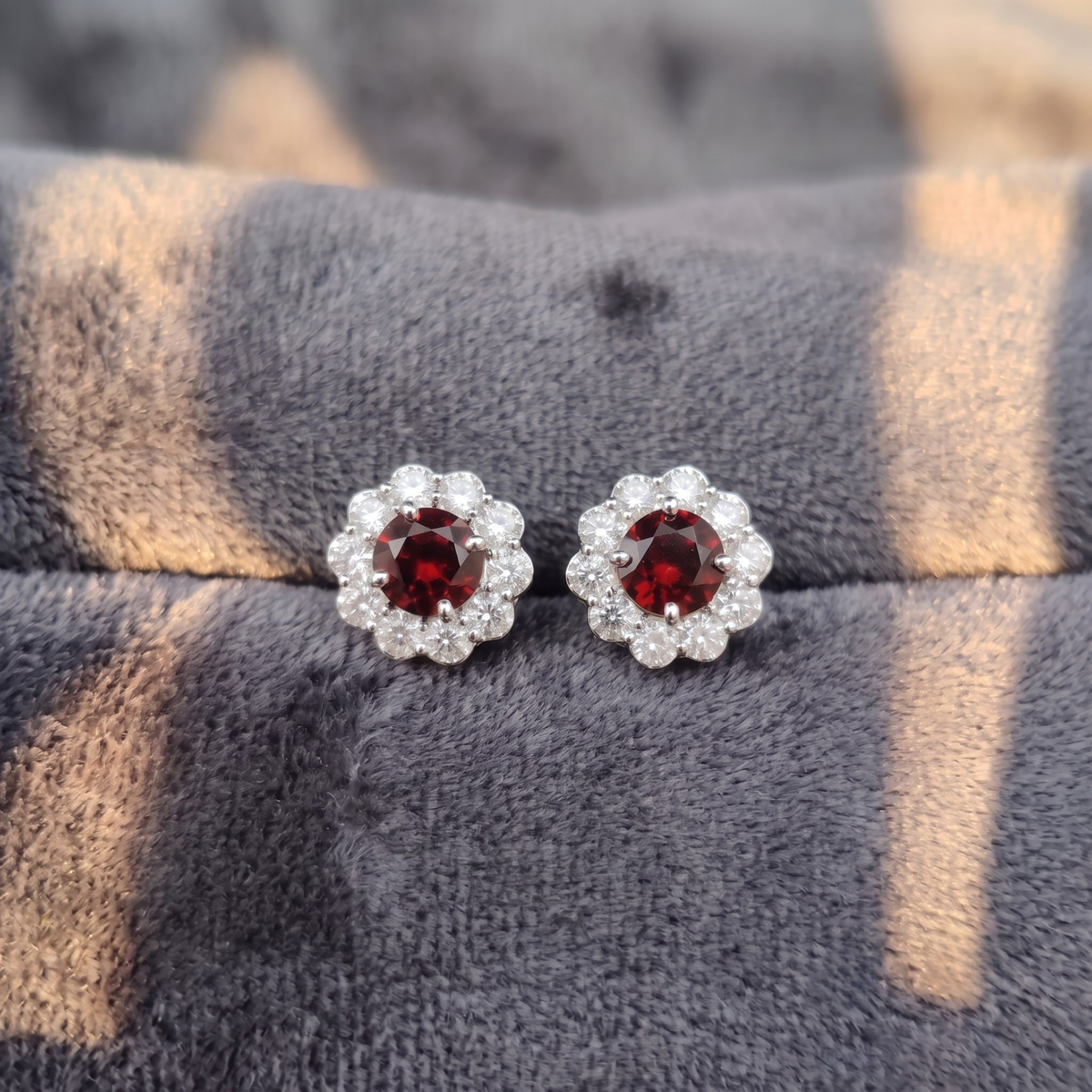 Garnet Bloom Floral Halo Stud Earrings – 925 Sterling Silver