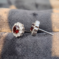 Garnet Bloom Floral Halo Stud Earrings – 925 Sterling Silver