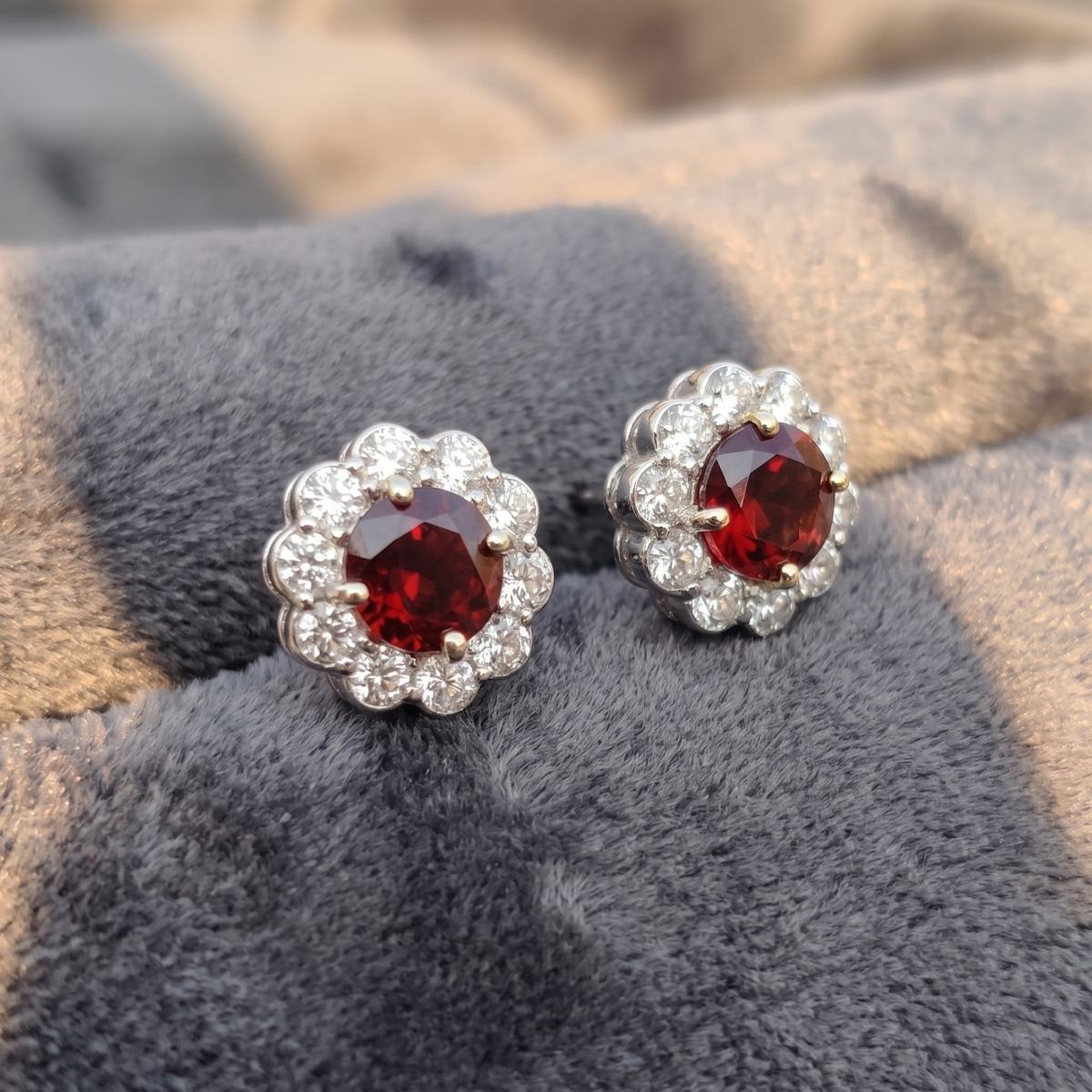 Garnet Bloom Floral Halo Stud Earrings – 925 Sterling Silver