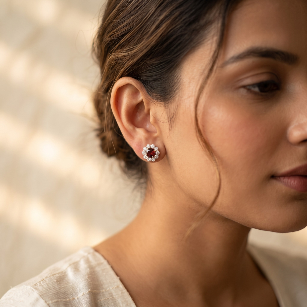 Garnet Bloom Floral Halo Stud Earrings – 925 Sterling Silver