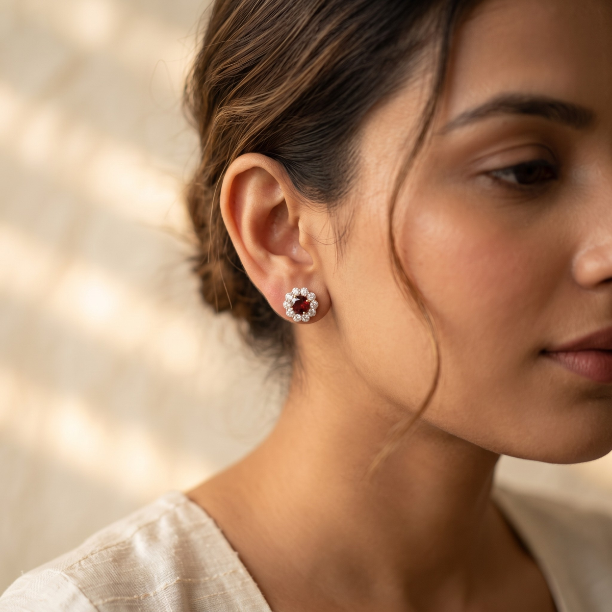 Garnet Bloom Floral Halo Stud Earrings – 925 Sterling Silver