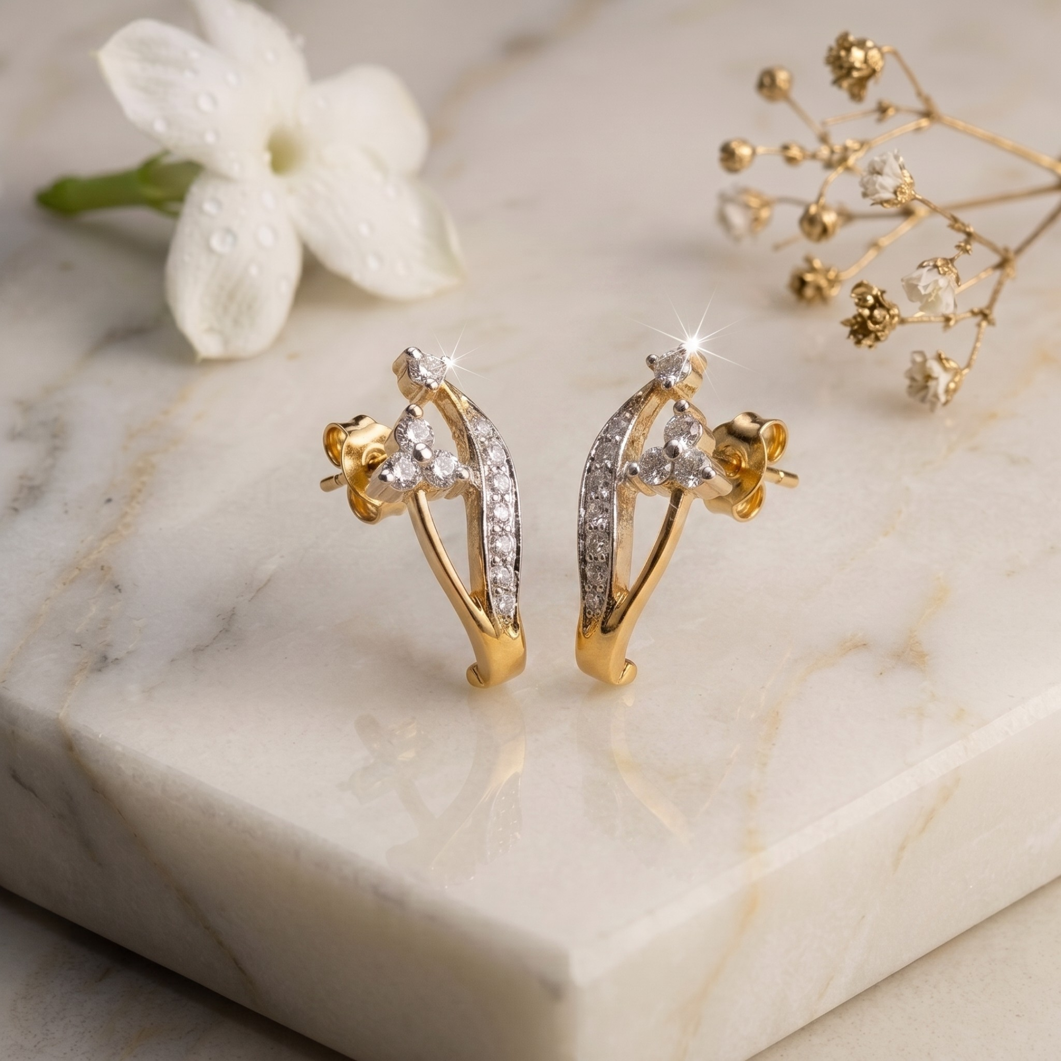 Gold Floral Vine Stud Earrings - 925 Sterling Silver