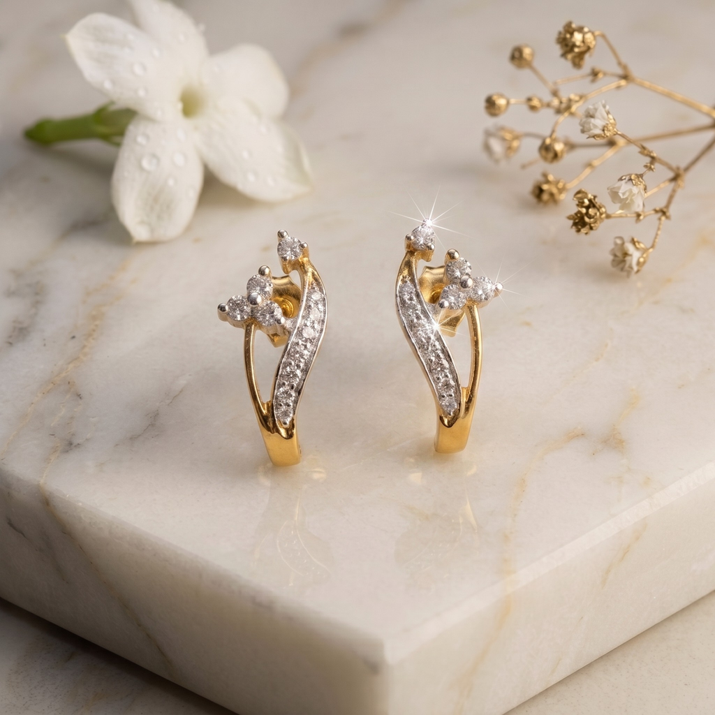 Gold Floral Vine Stud Earrings - 925 Sterling Silver