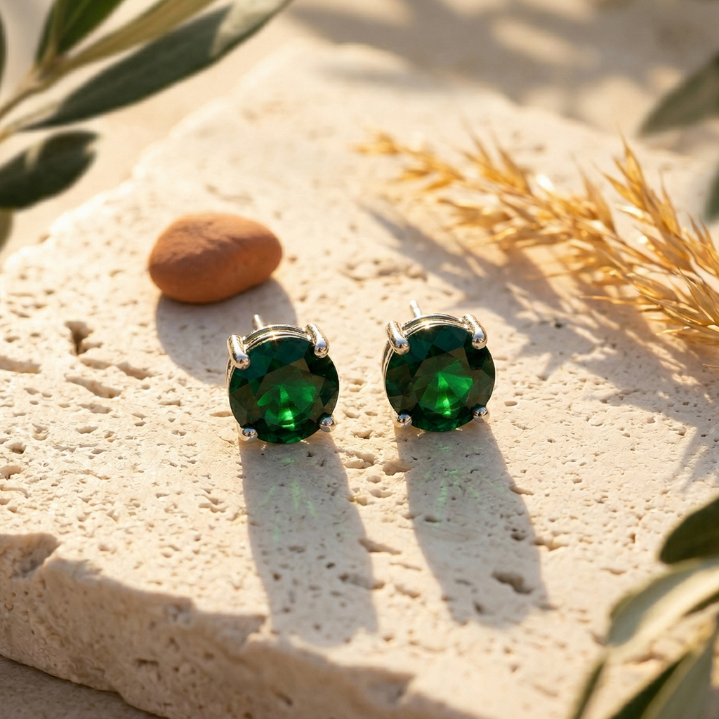 Emerald Green Solitaire Studs – 925 Sterling Silver