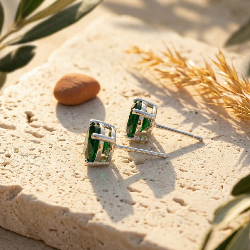 Emerald Green Solitaire Studs – 925 Sterling Silver