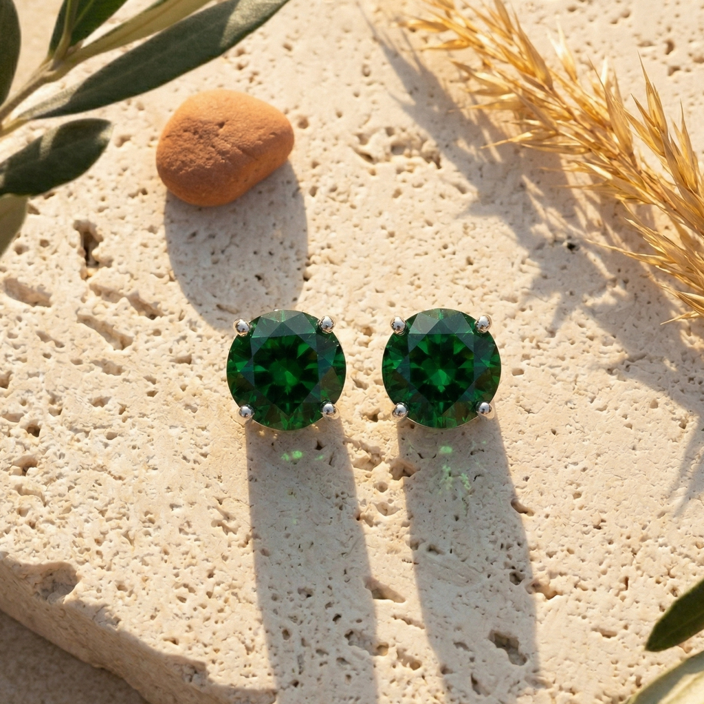 Emerald Green Solitaire Studs – 925 Sterling Silver
