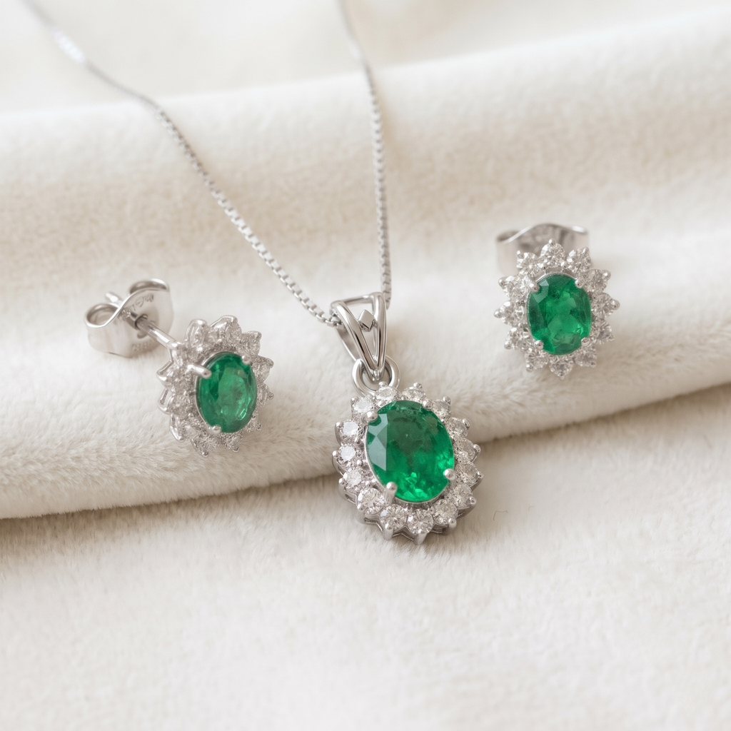 Oval Emerald Halo Pendant Set in 925 Sterling Silver