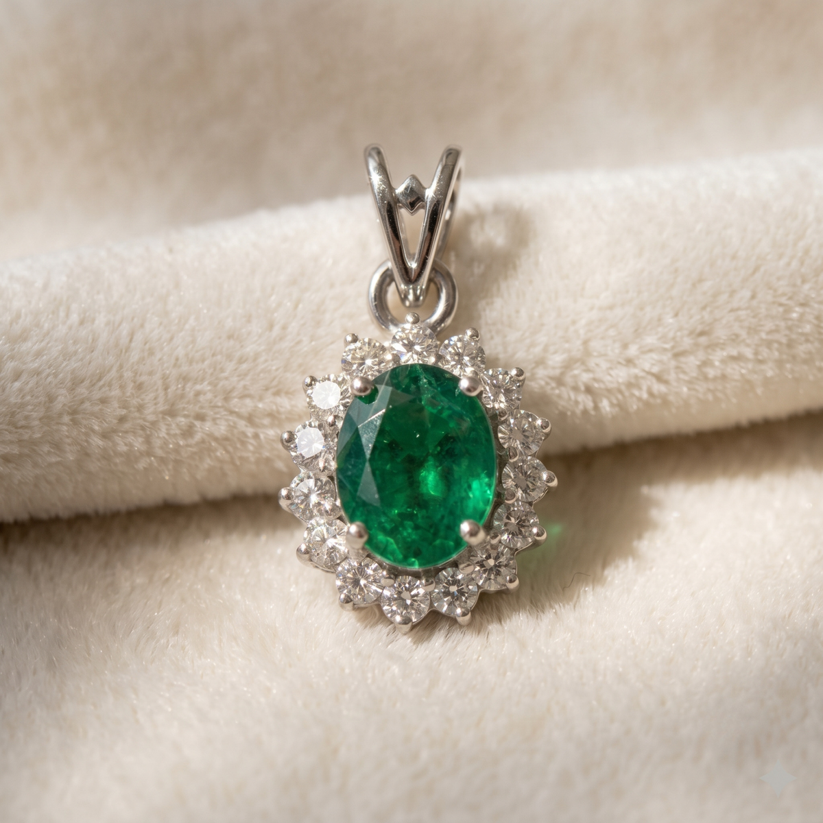 Oval Emerald Halo Pendant Set in 925 Sterling Silver