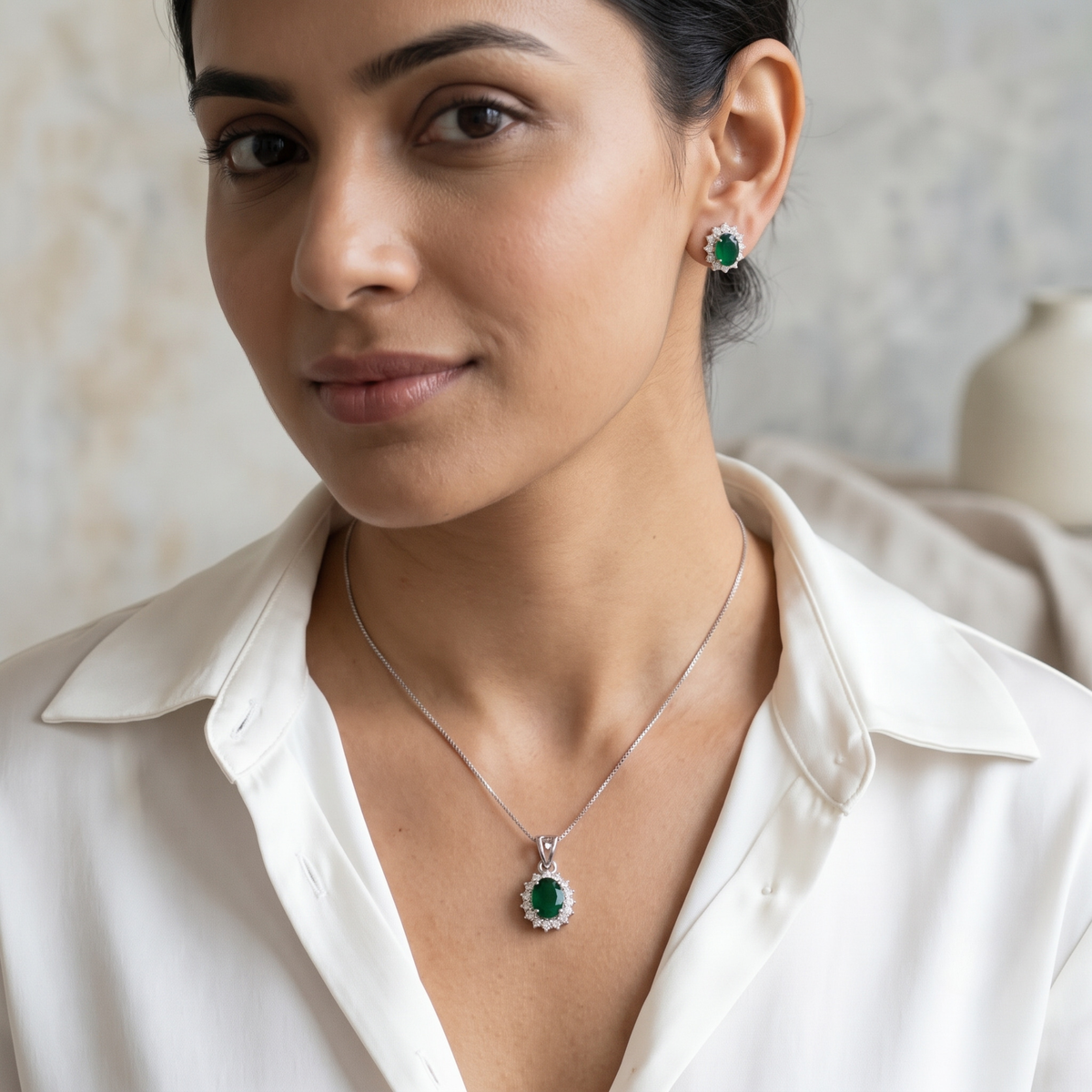 Oval Emerald Halo Pendant Set in 925 Sterling Silver