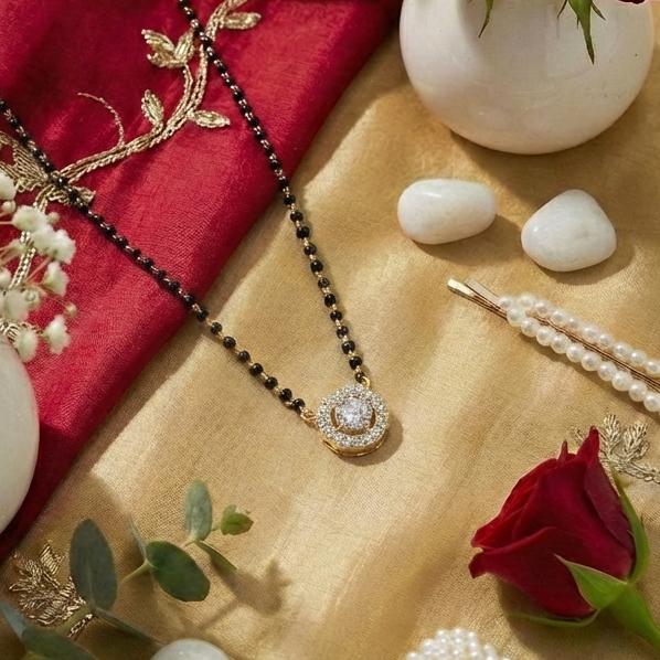 Round Solitaire Halo CZ Mangalsutra Pendant in 925 Sterling Silver