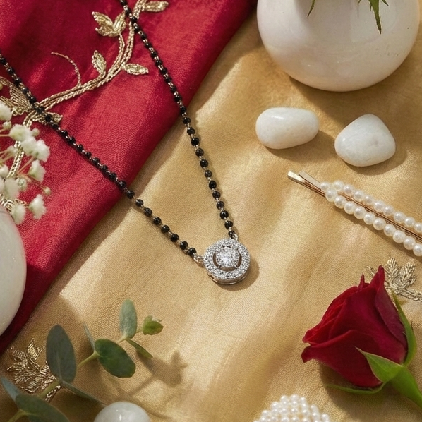 Round Solitaire Halo CZ Mangalsutra Pendant in 925 Sterling Silver