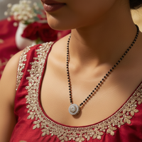 Round Solitaire Halo CZ Mangalsutra Pendant in 925 Sterling Silver
