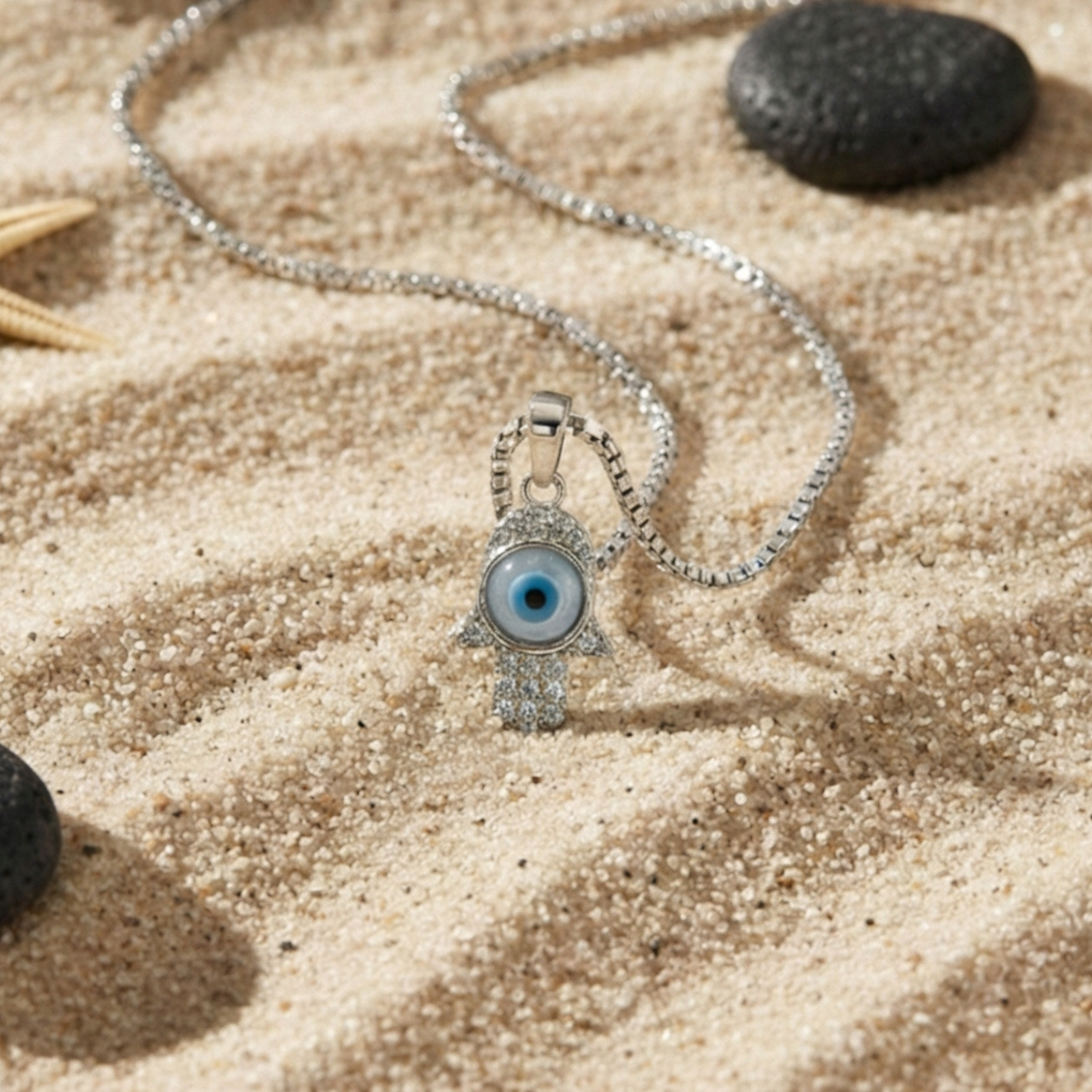 Sacred Hamsa Hand & Evil Eye Pendant Necklace – 925 Sterling Silver
