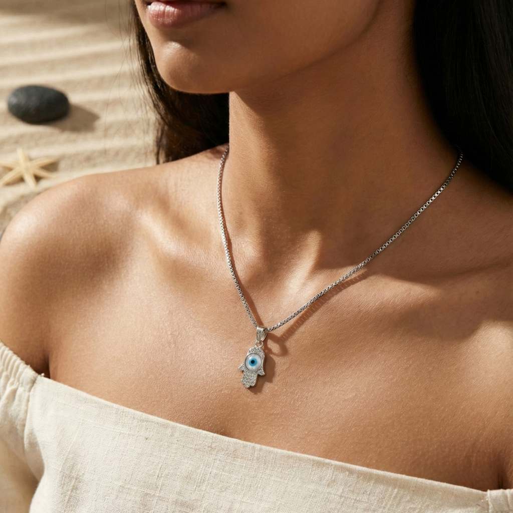 Sacred Hamsa Hand & Evil Eye Pendant Necklace – 925 Sterling Silver