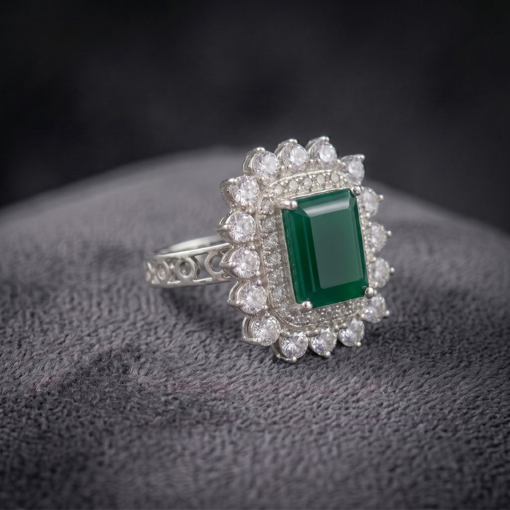 Imperial Emerald Cut Natural Green Onyx Cocktail Ring in 925 Sterling Silver