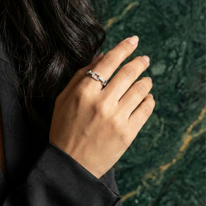 925 Sterling Silver Linear Link Adjustable Ring