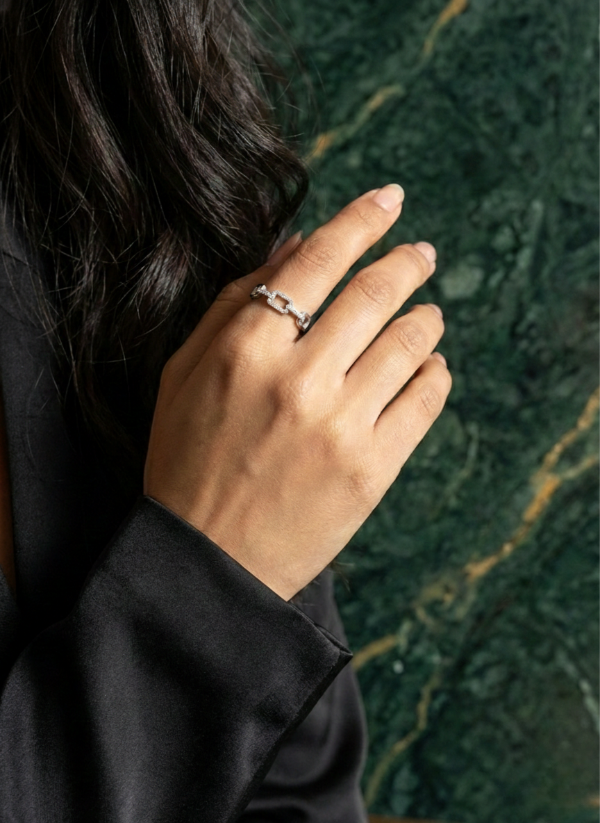 925 Sterling Silver Linear Link Adjustable Ring