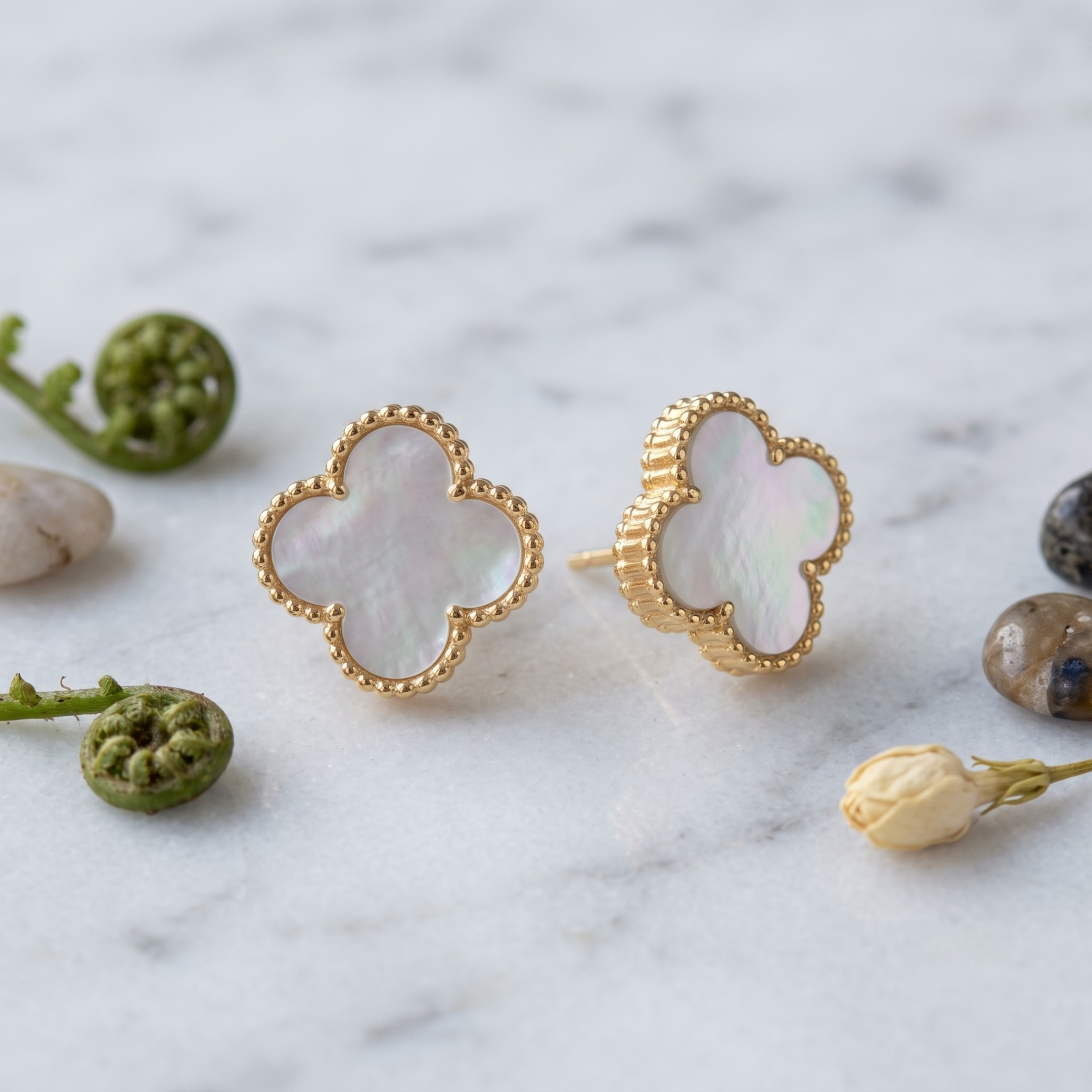 Natural Mother of Pearl Clover Stud Earrings - 925 Sterling Silver