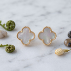 Natural Mother of Pearl Clover Stud Earrings - 925 Sterling Silver