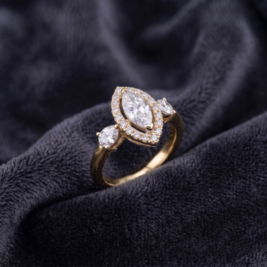 Marquise Cut Three-Stone Halo Ring in 925 Sterling Silver