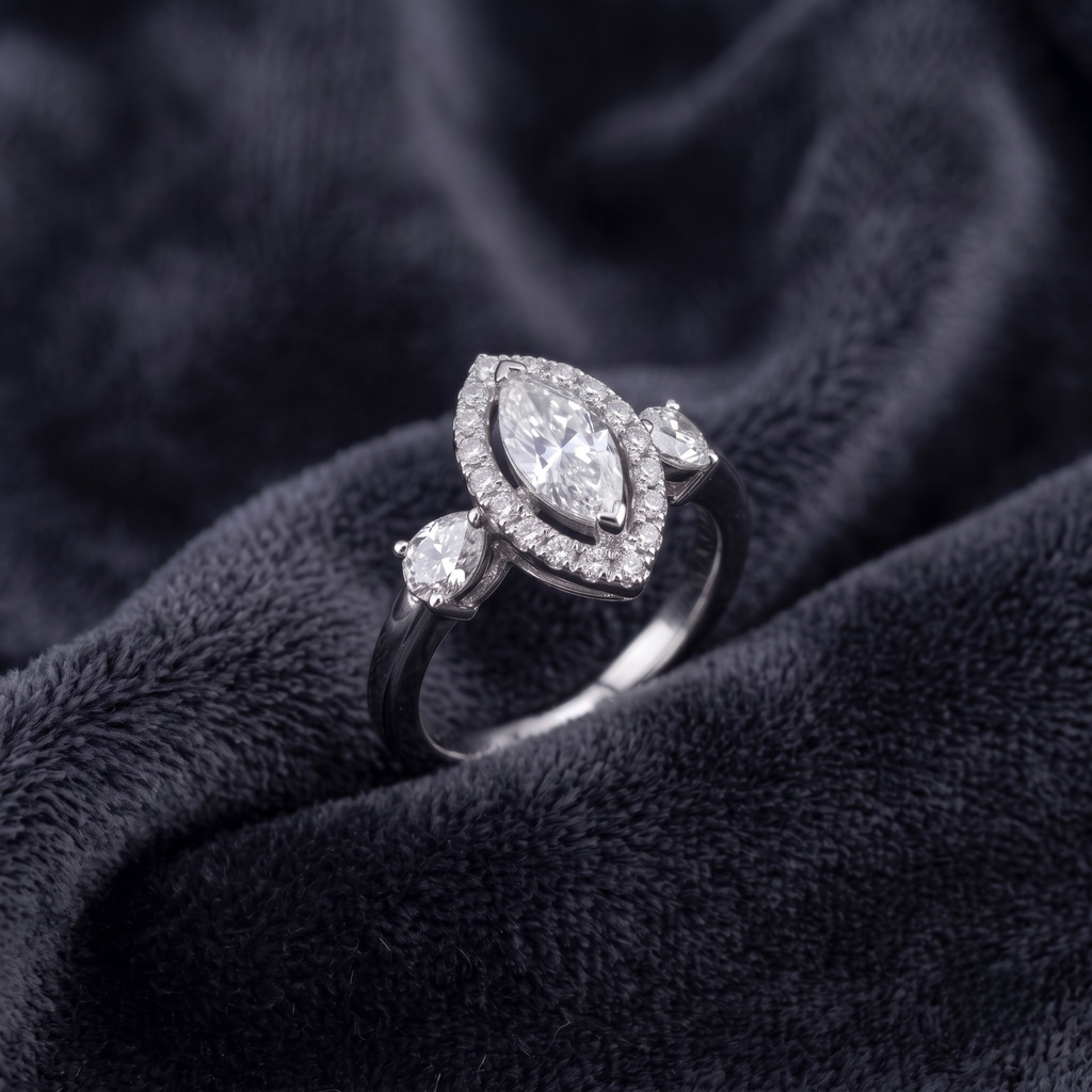 Marquise Cut Three-Stone Halo Ring in 925 Sterling Silver