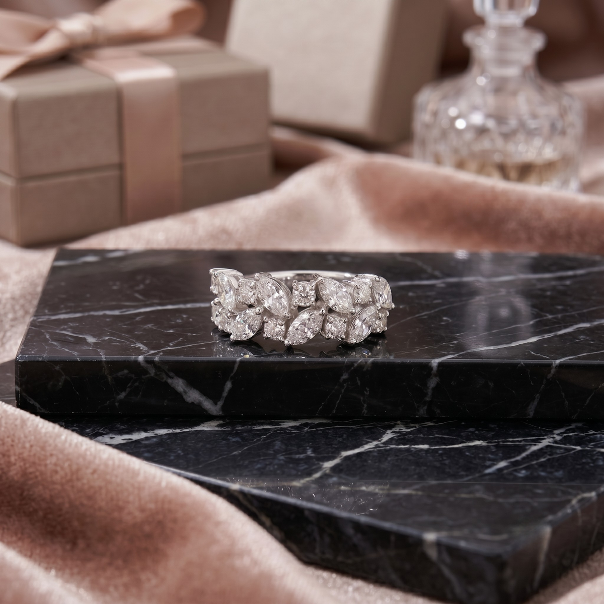 Marquise and Round Cluster Wide Statement Band in 925 Sterling Silver