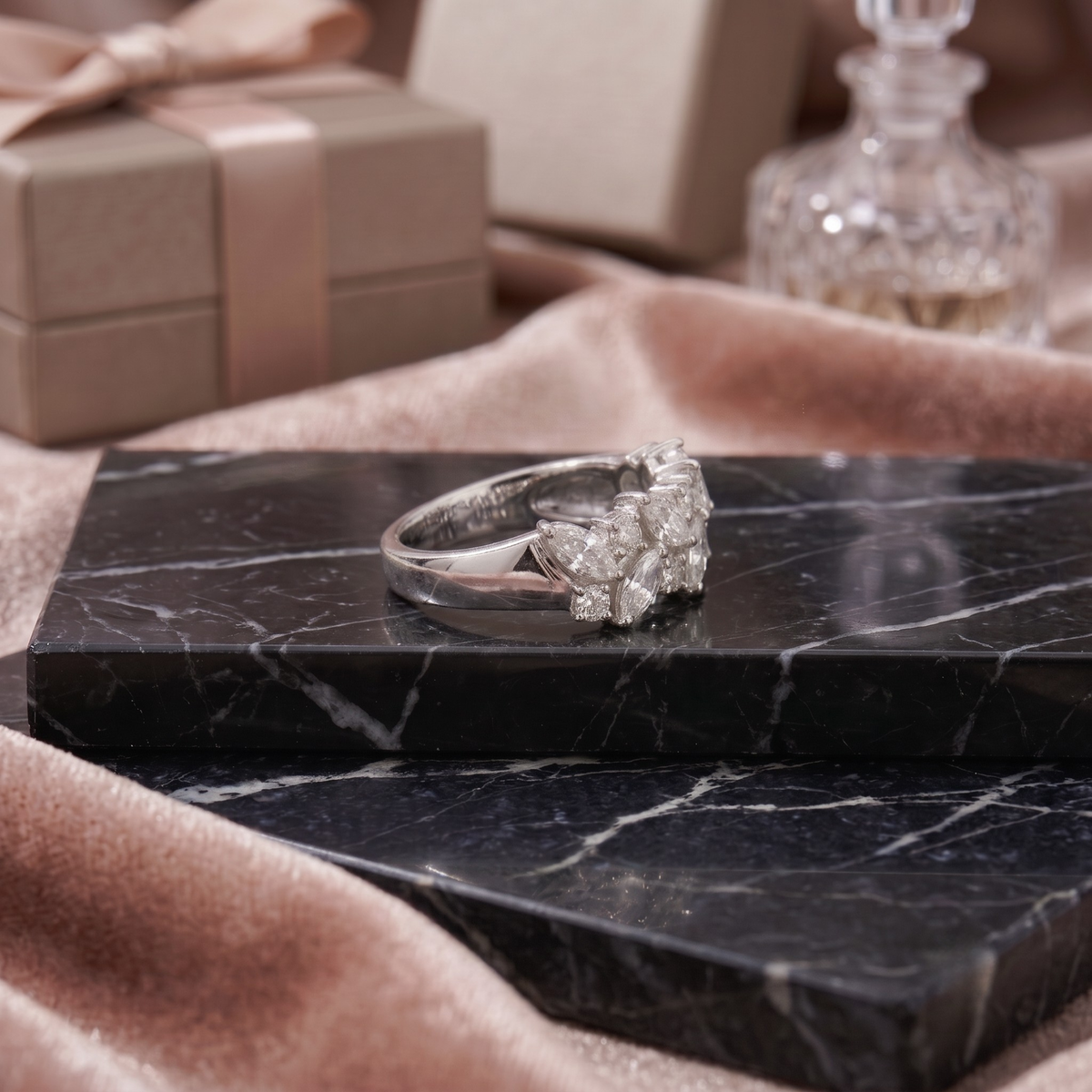 Marquise and Round Cluster Wide Statement Band in 925 Sterling Silver