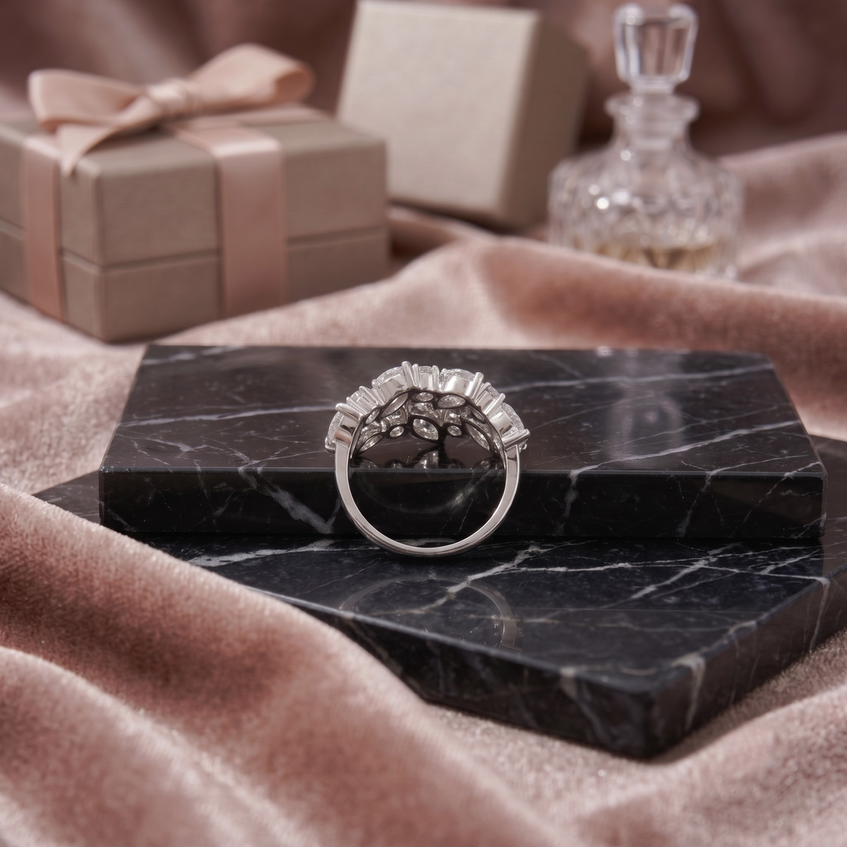 Marquise and Round Cluster Wide Statement Band in 925 Sterling Silver