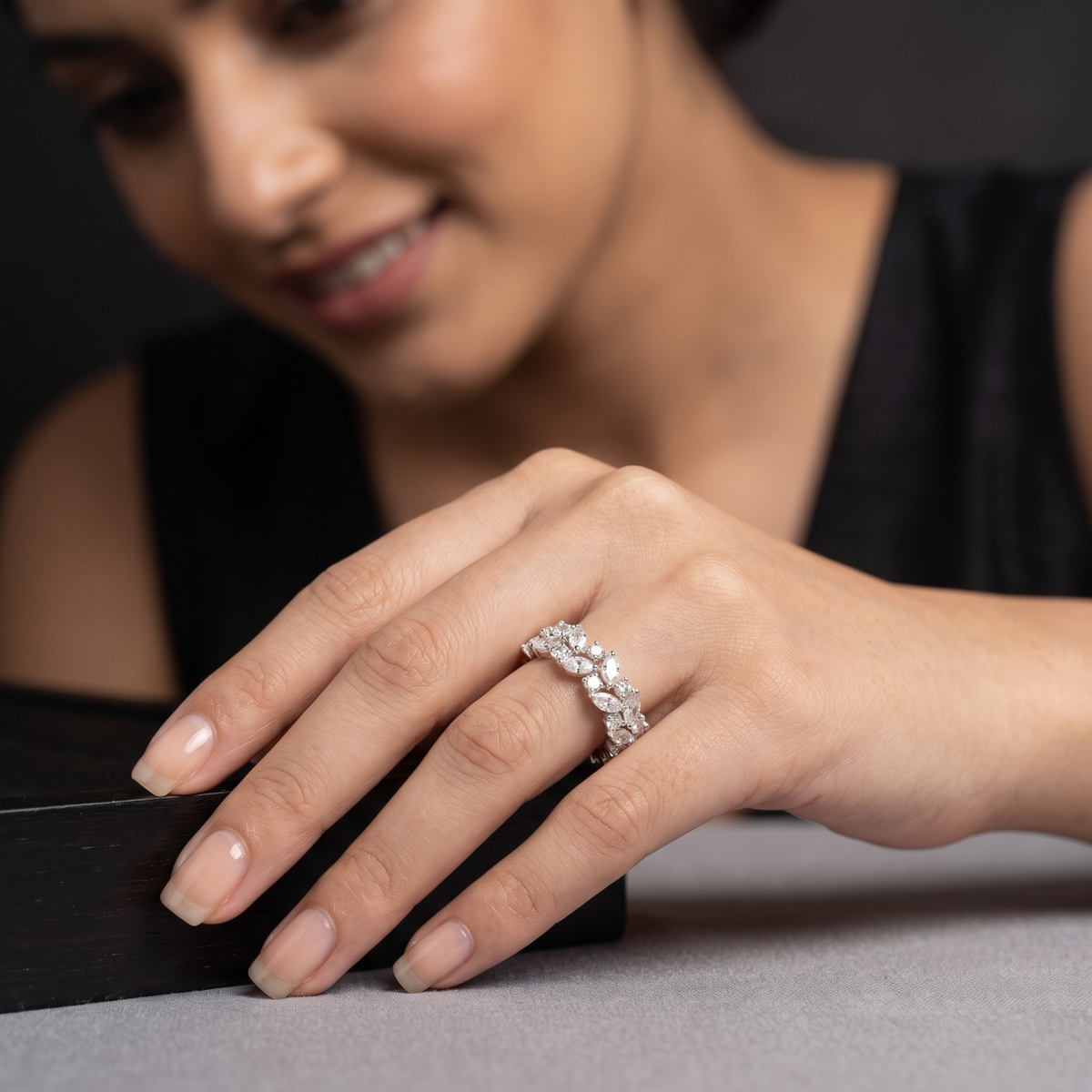 Marquise and Round Cluster Wide Statement Band in 925 Sterling Silver