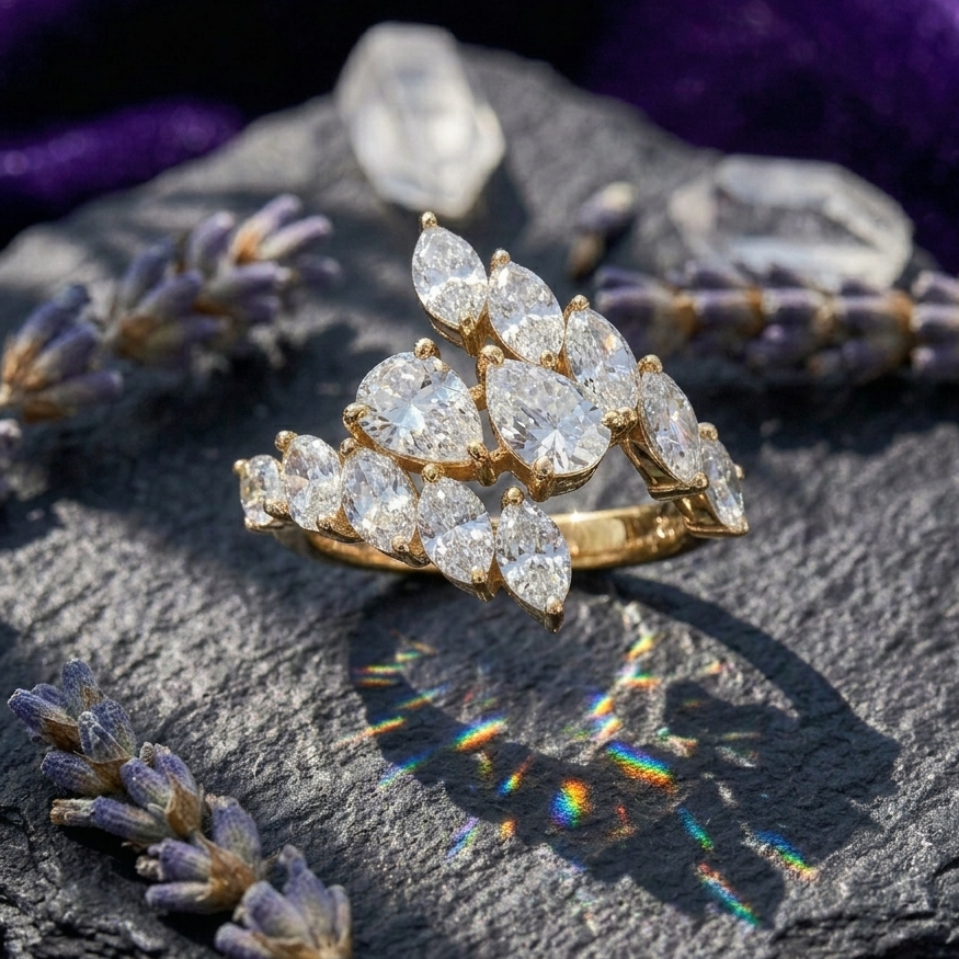 Marquise and Pear Stone Cluster Ring in 925 Sterling Silver