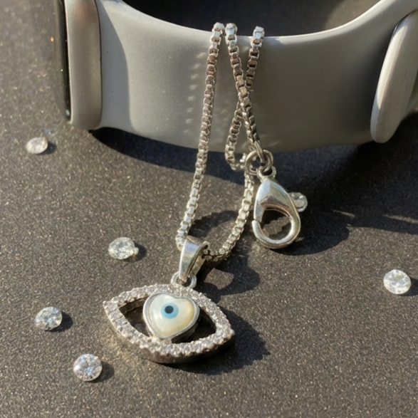 Marquise Heart Evil Eye Watch Charm – 925 Sterling Silver