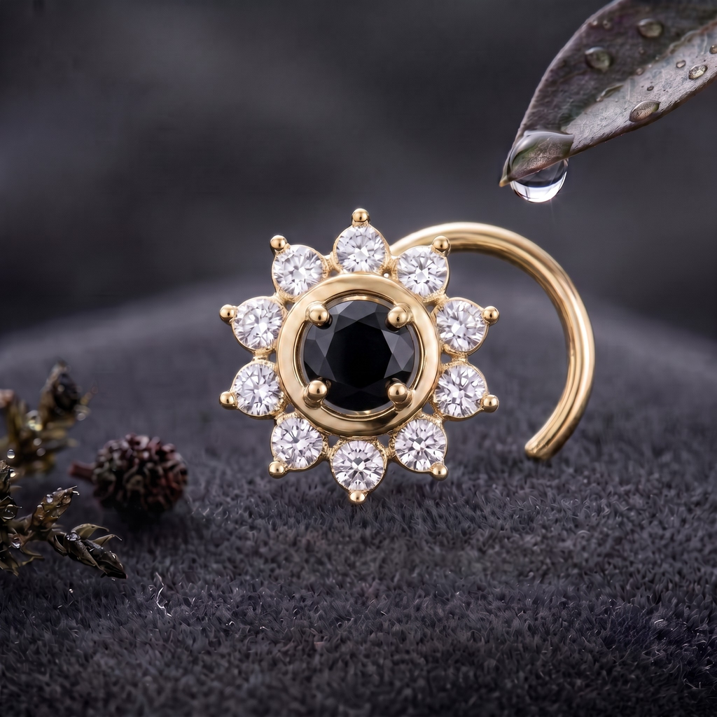 Midnight Sunburst Halo Nose Pin in 925 Sterling Silver
