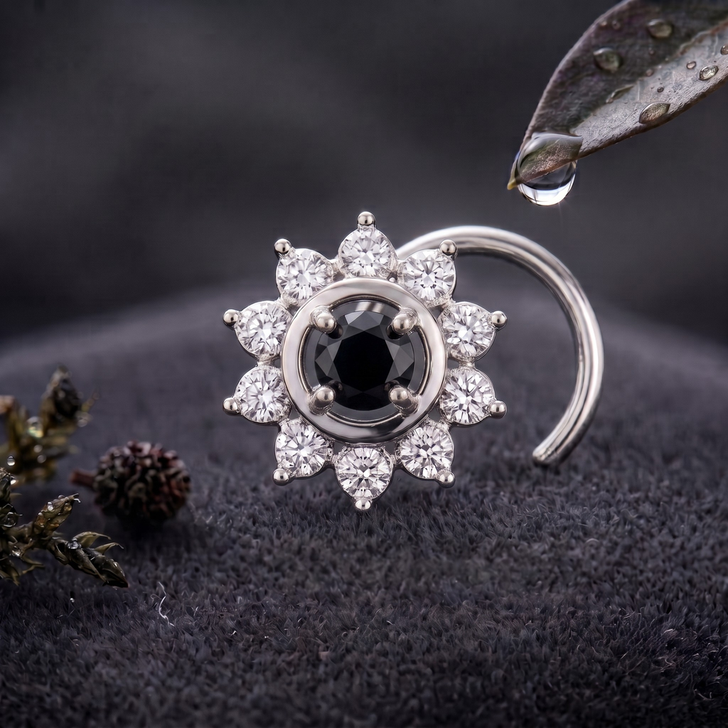 Midnight Sunburst Halo Nose Pin in 925 Sterling Silver