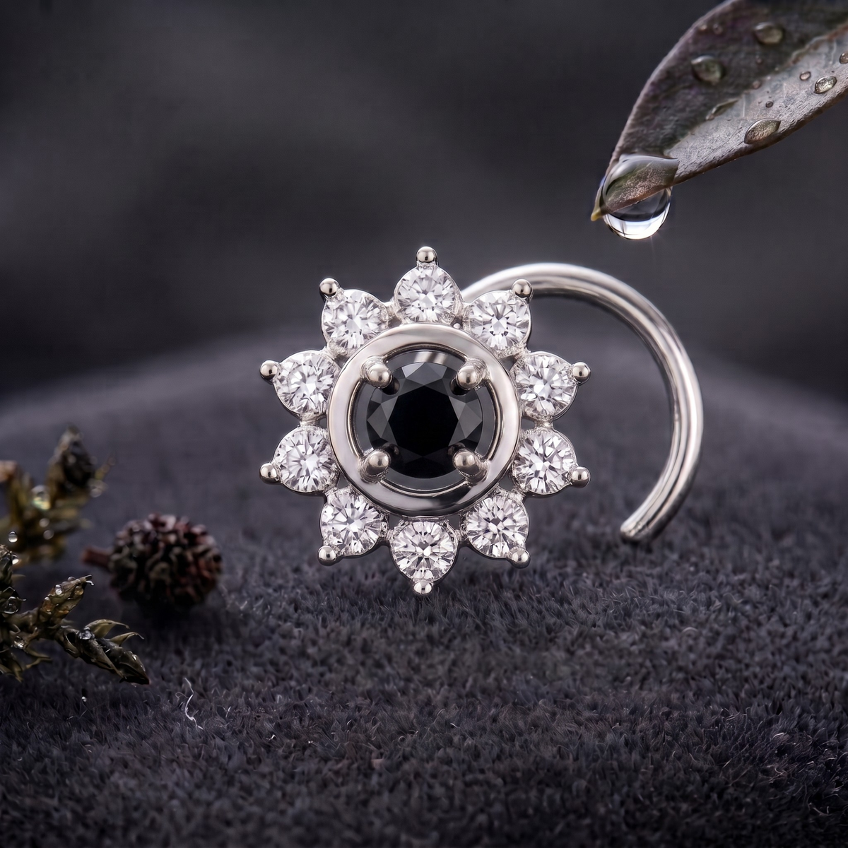 Midnight Sunburst Halo Nose Pin in 925 Sterling Silver