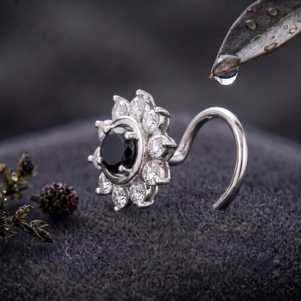 Midnight Sunburst Halo Nose Pin in 925 Sterling Silver