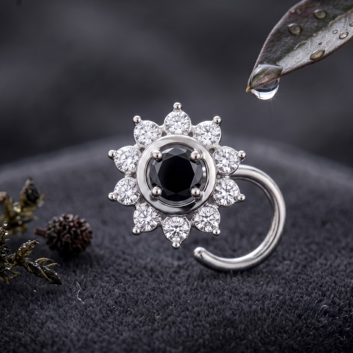Midnight Sunburst Halo Nose Pin in 925 Sterling Silver