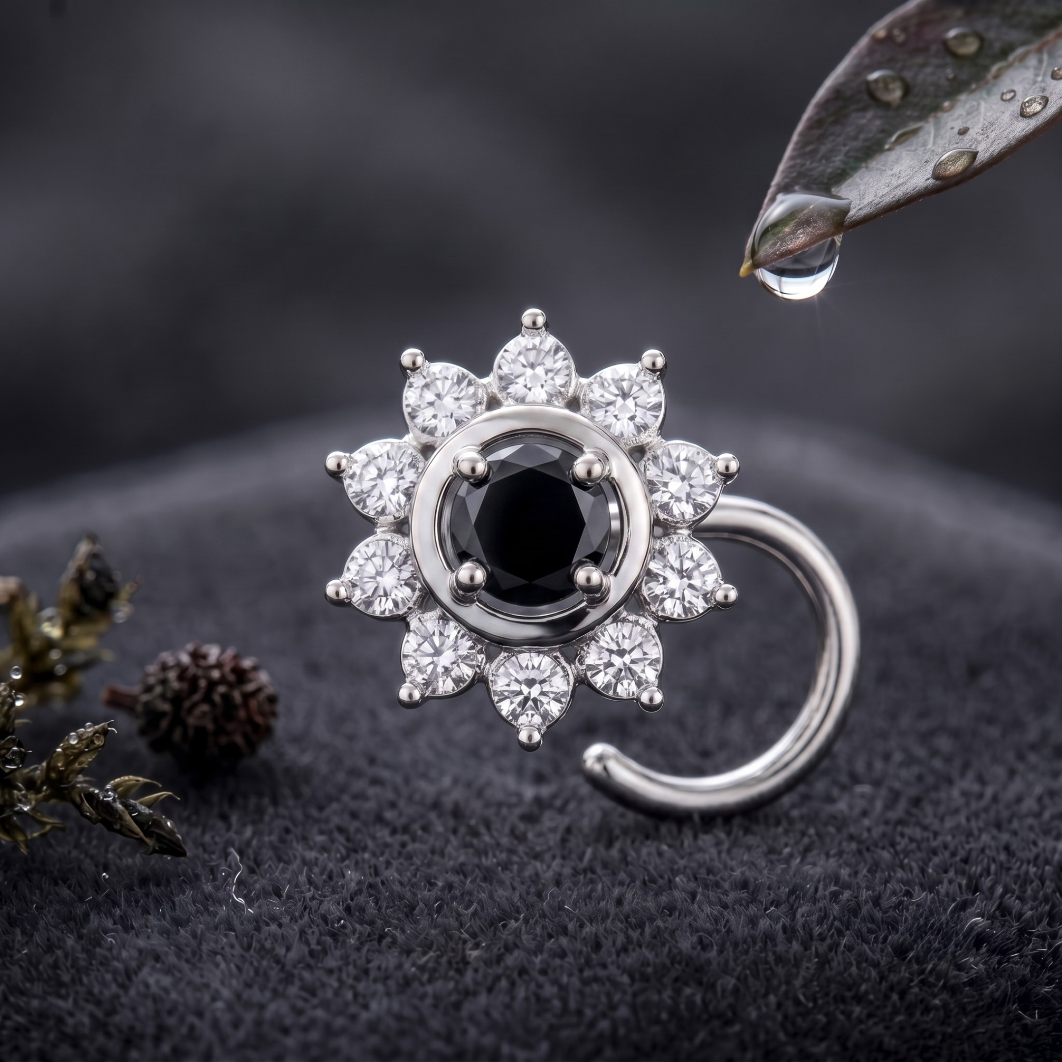 Midnight Sunburst Halo Nose Pin in 925 Sterling Silver